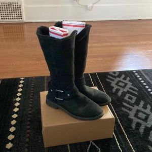 Ugg black tall shearling boot with zipper and ankle buckle